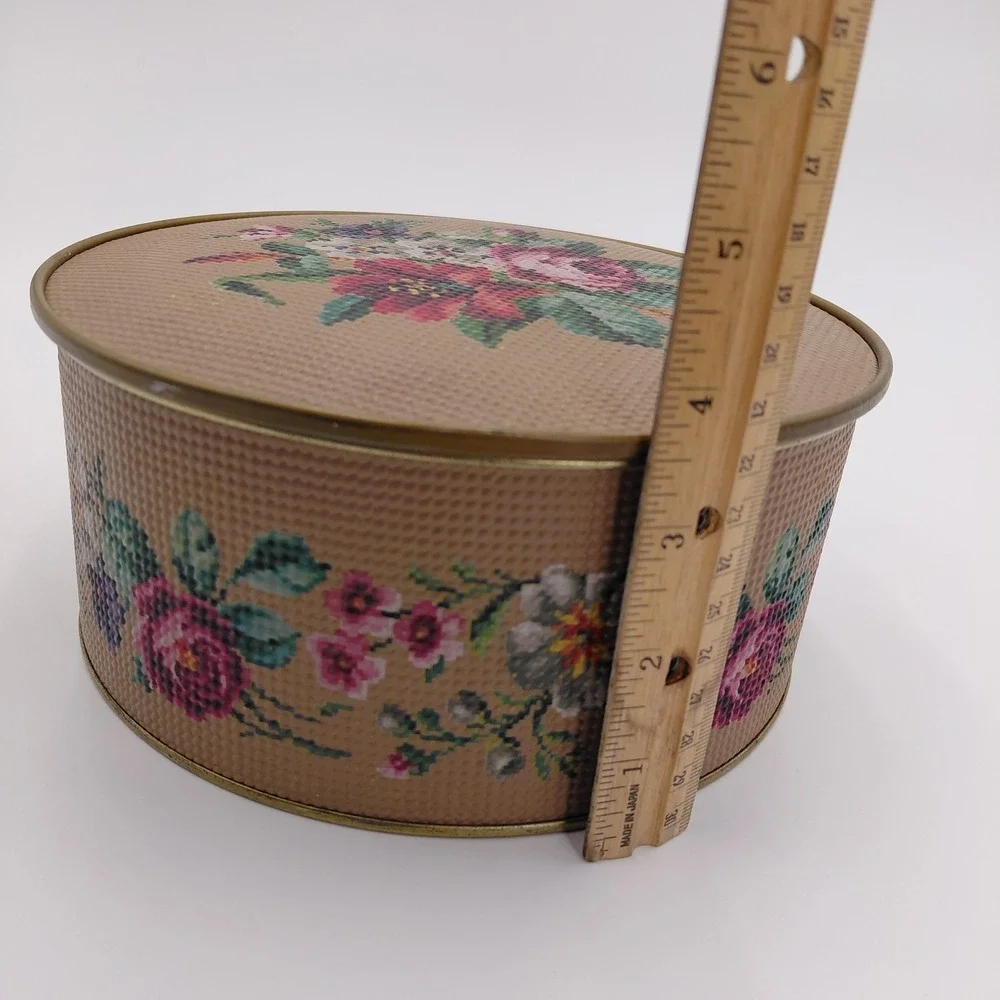 Vtg 80s Guildcraft Round Tin Cover Embossed Needlepoint Look Floral Cottage‎ USA